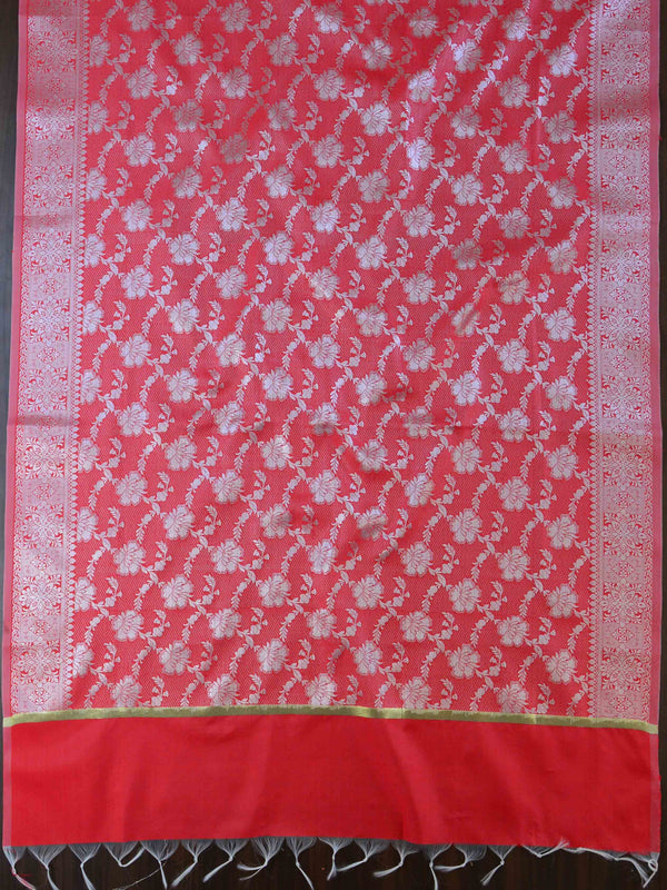 Banarasee Chanderi Salwar Kameez Fabric & Dupatta With Silver Zari-Yellow & Red