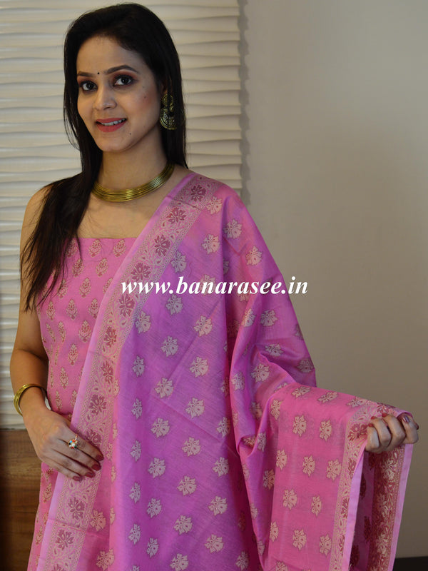 Banarasee Salwar Kameez Cotton Silk Resham Buti Woven Fabric-Pink