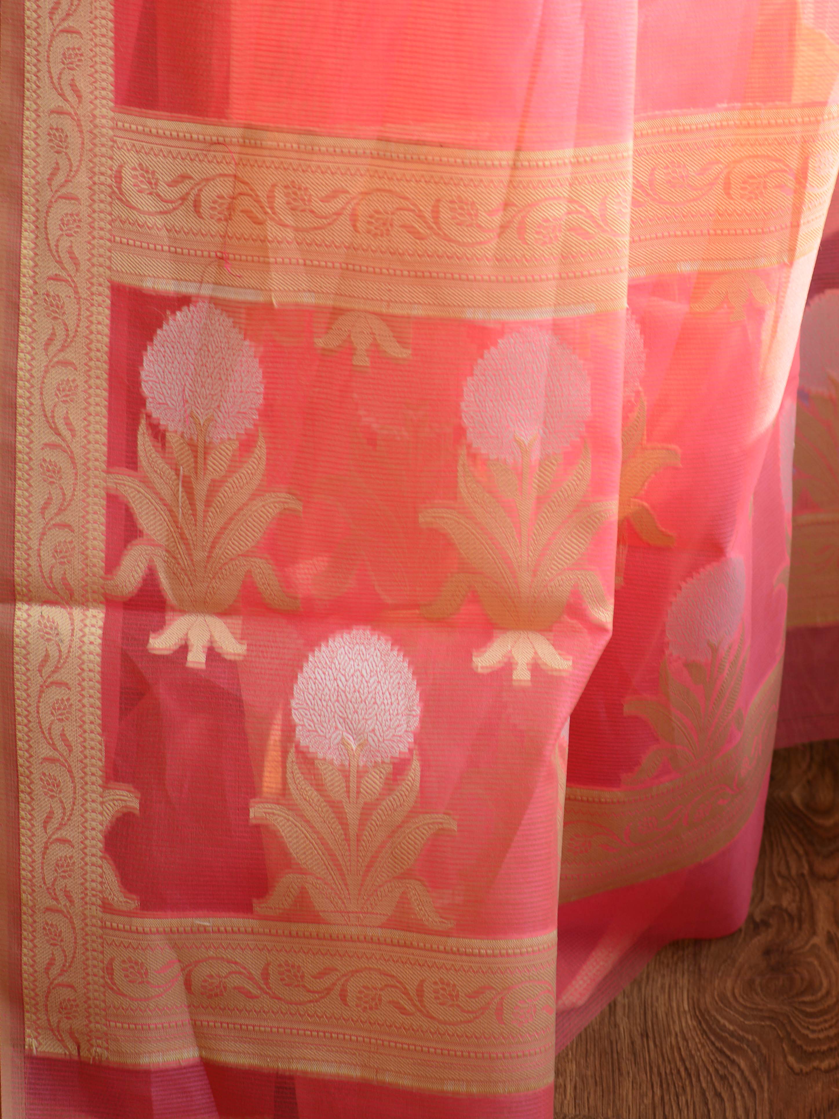 Banarasee Handwoven Plain Cotton Silk Saree With Floral Border-Pink