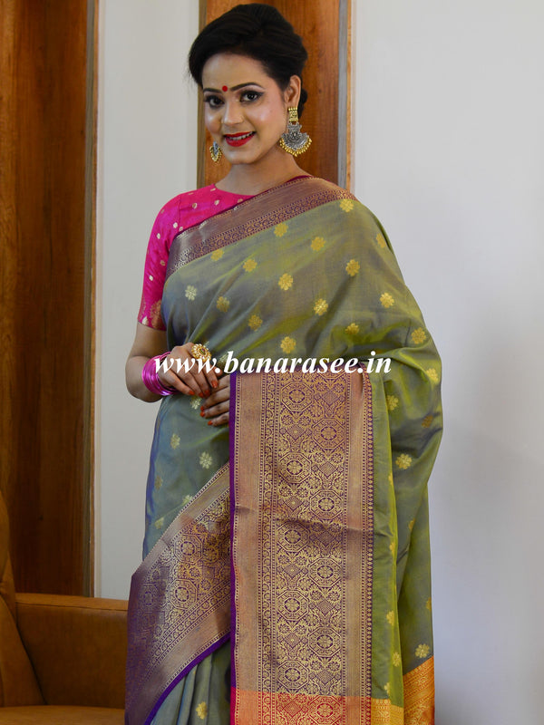 Banarasee Handwoven Semi Silk Saree With Zari Buta Design & Floral Border-Green