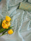 Banarasee Handloom Pure Linen Saree With Mirror Work & Brocade Blouse-Sea Green