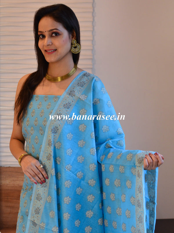 Banarasee Salwar Kameez Cotton Silk Resham Buti Woven Fabric-Blue