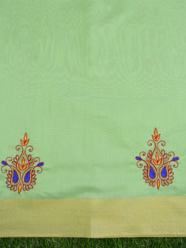 Banarasee Hand-Embroidery Chanderi Cotton Salwar Kameez Fabric With Contrast Dupatta-Green
