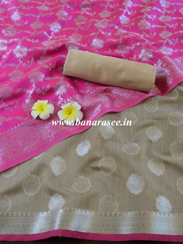 Banarasee Chanderi Salwar Kameez Fabric & Dupatta With Silver Zari-Beige & Pink