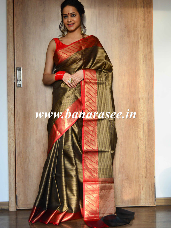 Banarasee Kora Muslin Saree With Contrast Skirt Border-Black & Red