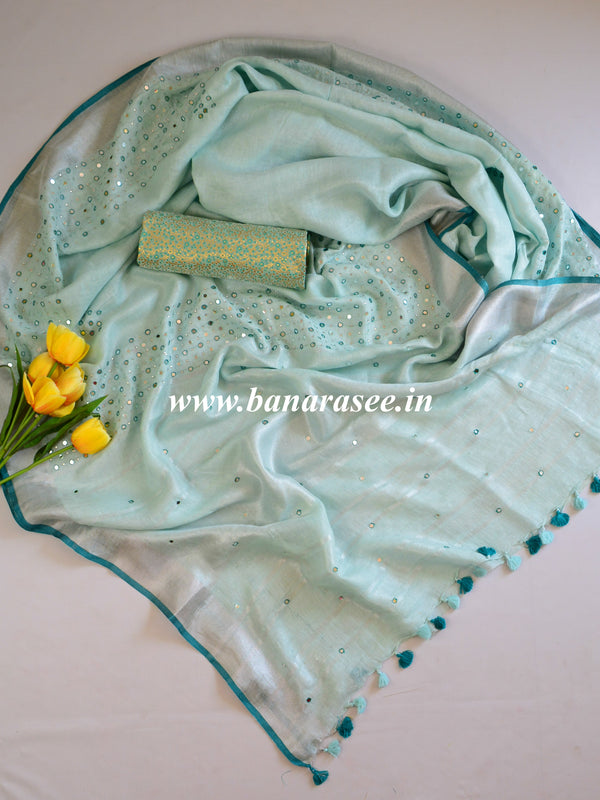 Banarasee Handloom Pure Linen Saree With Mirror Work & Brocade Blouse-Sea Green