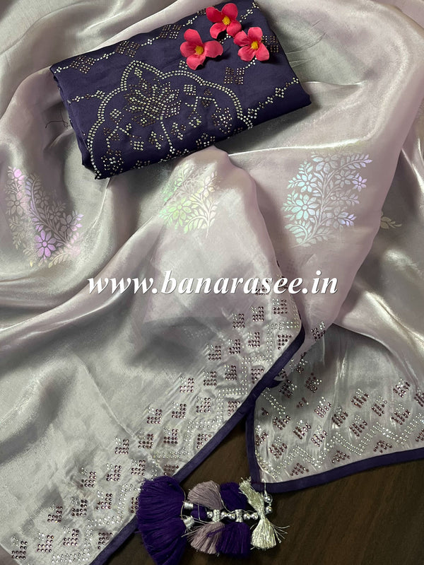 Banarasee Handwoven Plain Tissue Silk Swarovski Work Saree With Silk Blouse-Pastel Purple