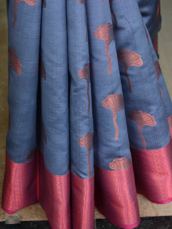 Banarasee Art Silk Saree With Buta Design & Contrast Broad Border-Grey