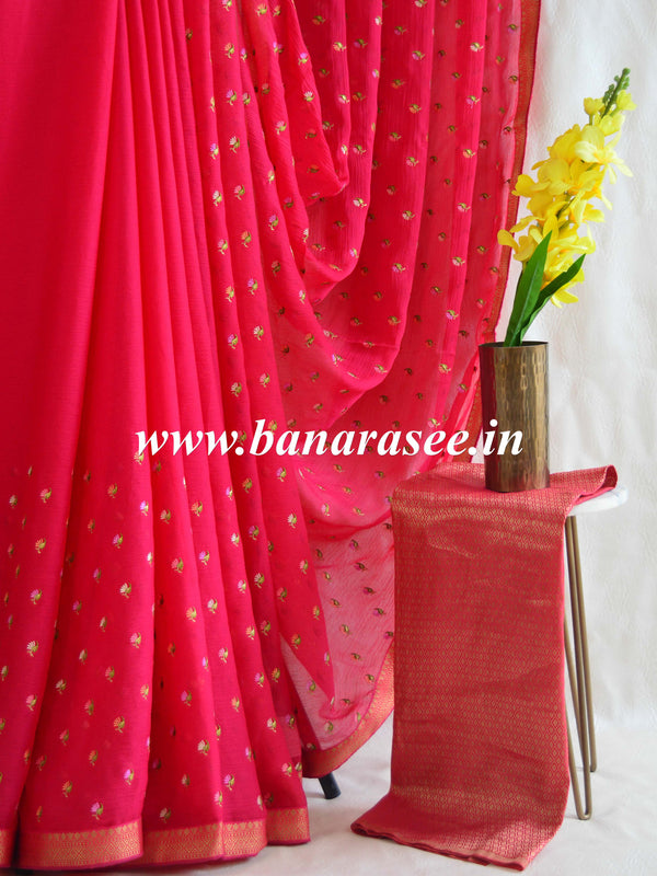 Banarasee Pure Chiffon Saree With Embroidery Work & Thin Banarasee Border-Fuchsia Pink