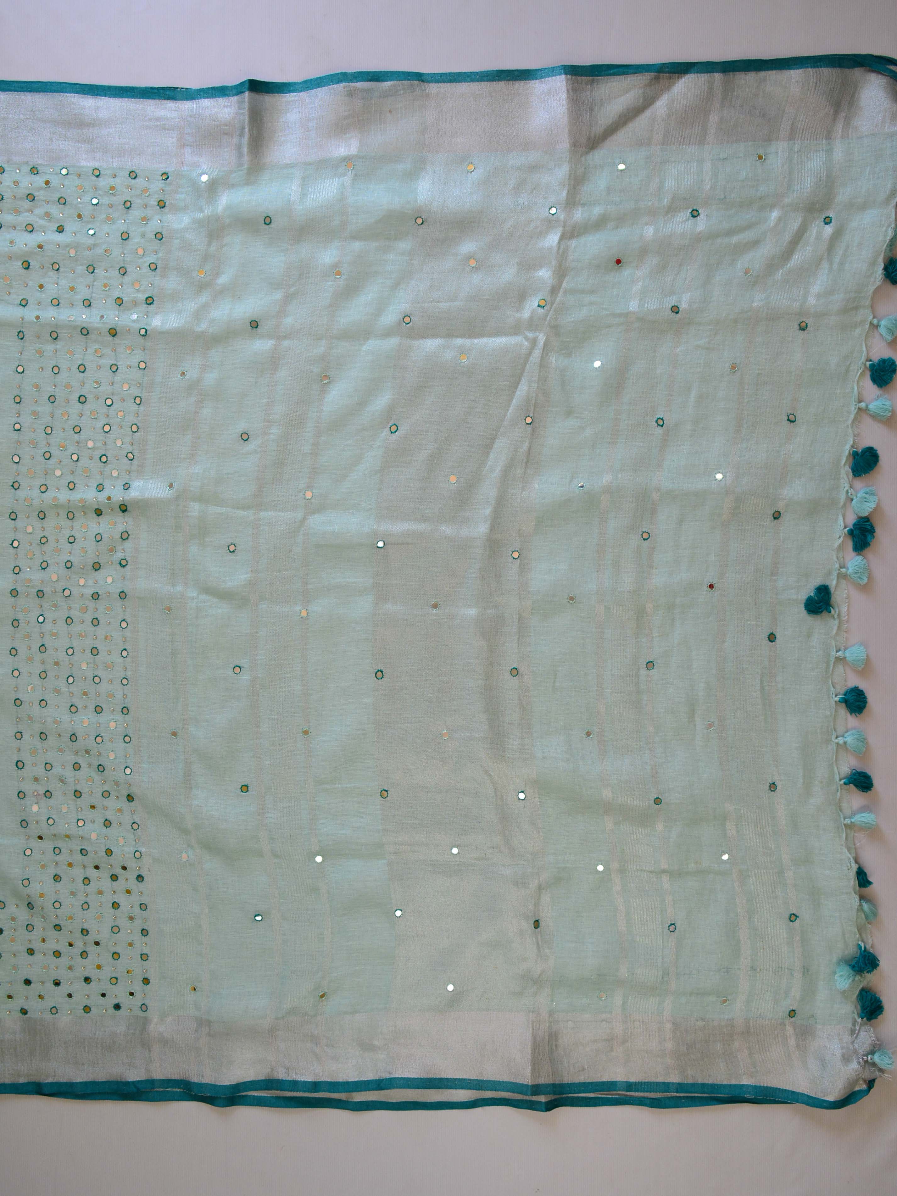 Banarasee Handloom Pure Linen Saree With Mirror Work & Brocade Blouse-Sea Green