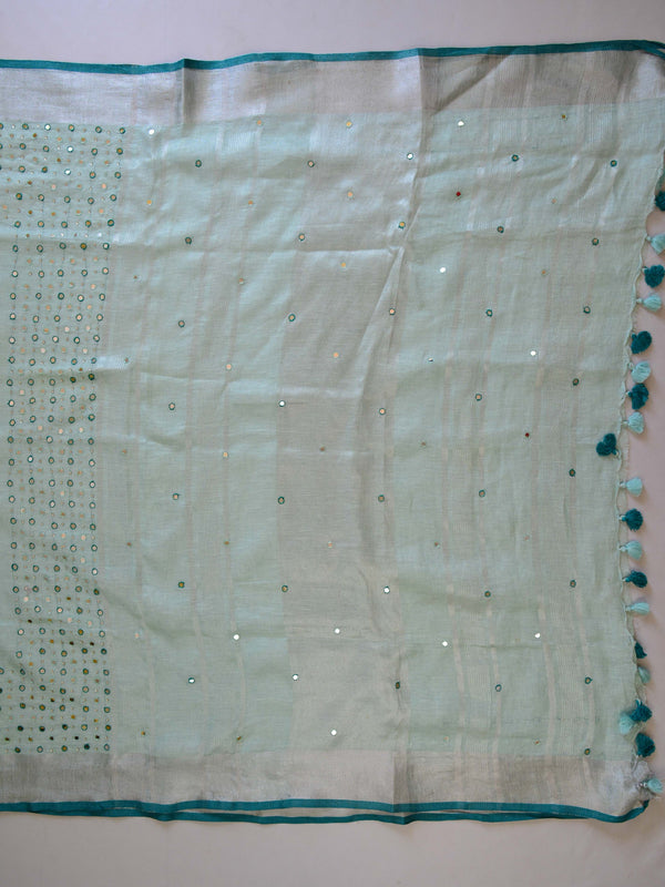 Banarasee Handloom Pure Linen Saree With Mirror Work & Brocade Blouse-Sea Green