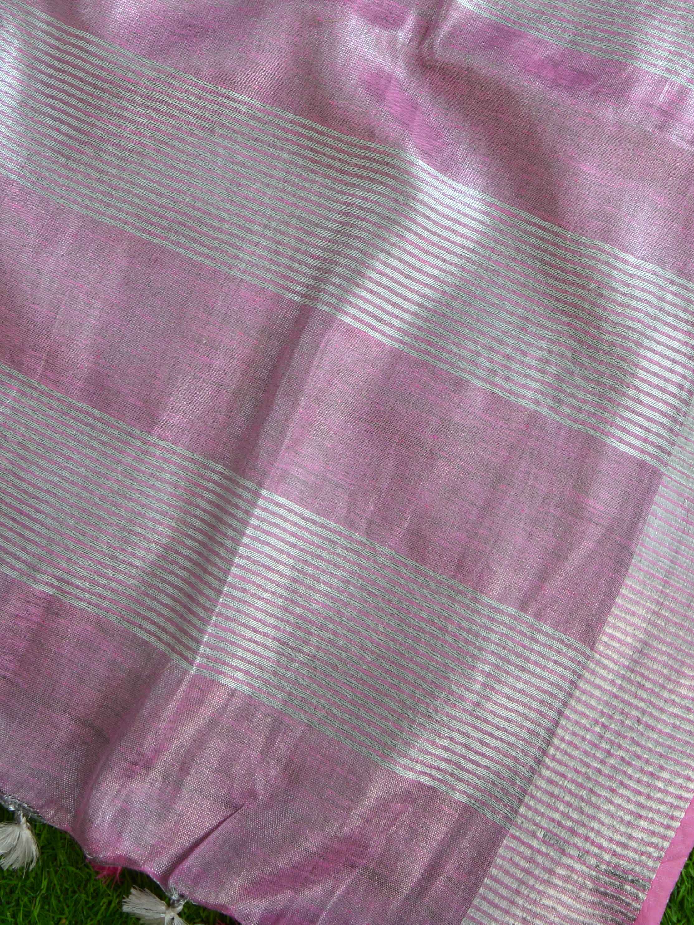 Banarasee Handloom Pure Linen By Tissue Embroidered Saree-Pink