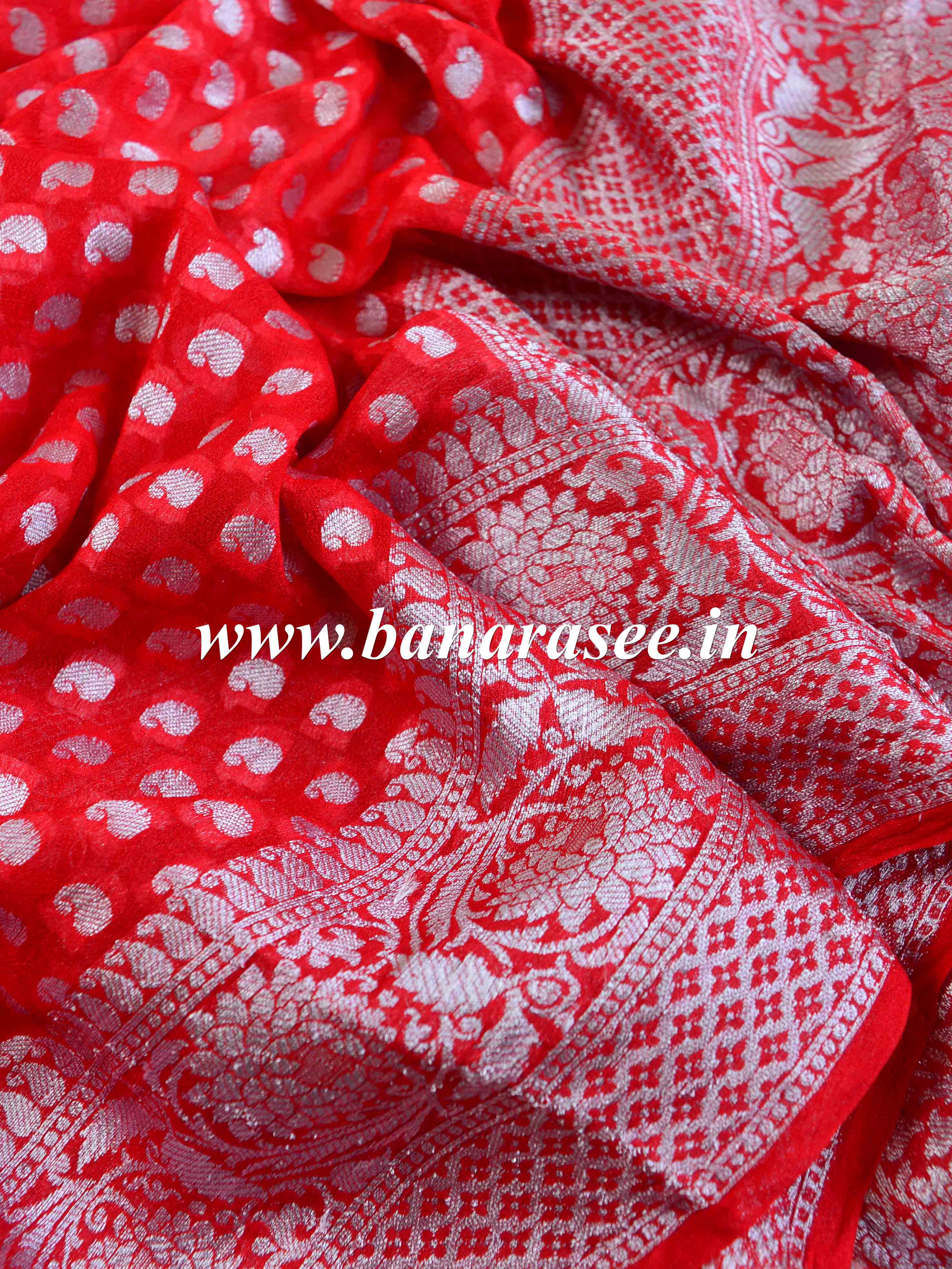 Banarasee Pure Chiffon Saree With Silver Zari Work-Red