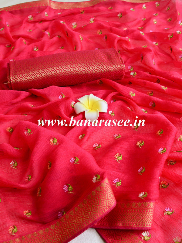 Banarasee Pure Chiffon Saree With Embroidery Work & Thin Banarasee Border-Fuchsia Pink