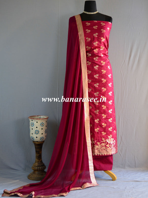Banarasee Salwar Kameez Semi Katan Silk Fabric With Zari Design & Chiffon Dupatta-Maroon