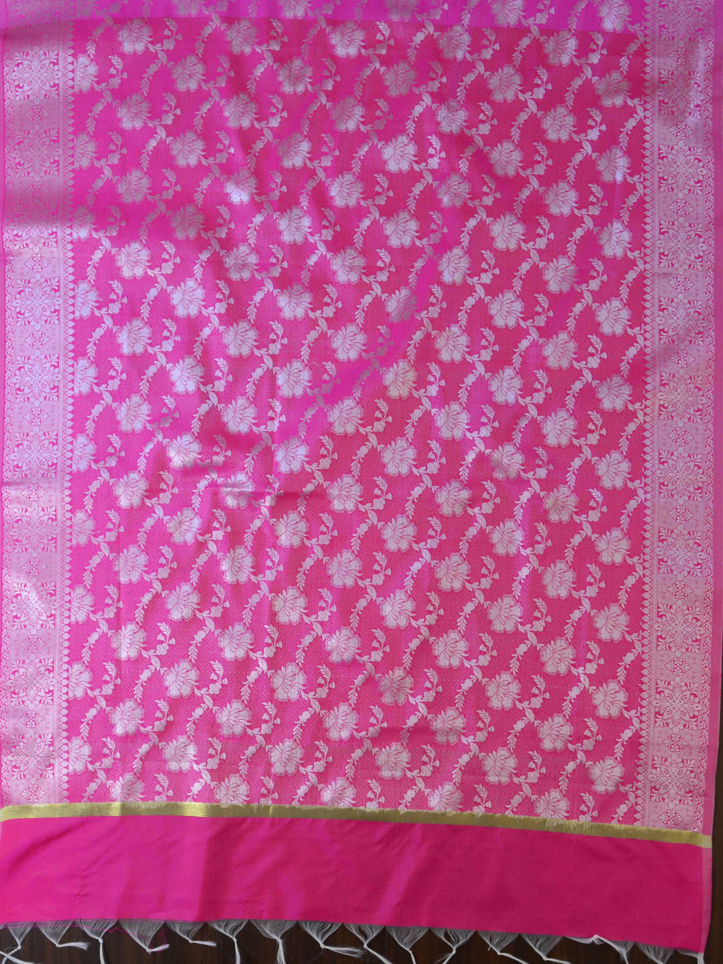 Banarasee Chanderi Salwar Kameez Fabric & Dupatta With Silver Zari-Beige & Pink