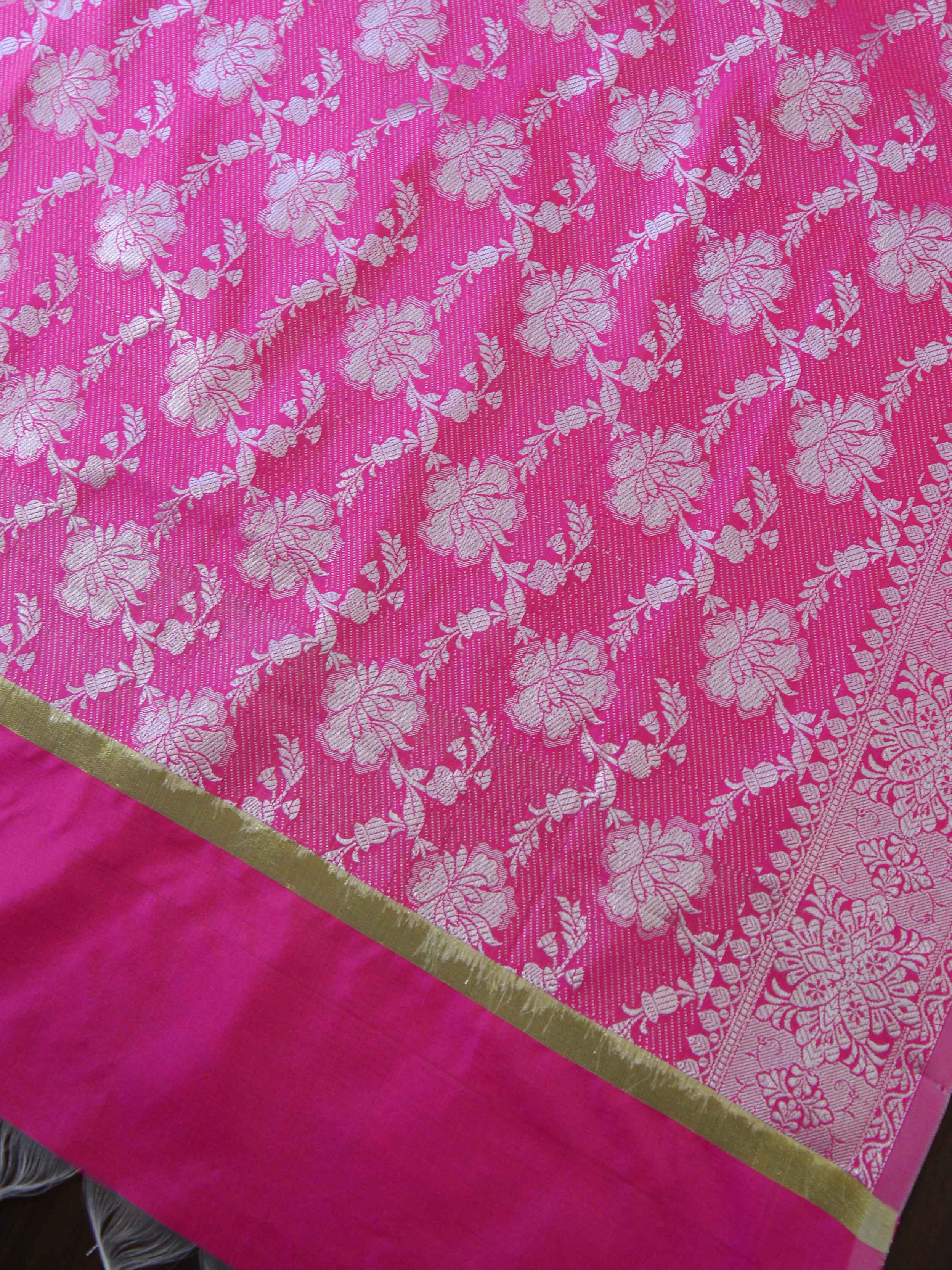 Banarasee Chanderi Salwar Kameez Fabric & Dupatta With Silver Zari-Beige & Pink
