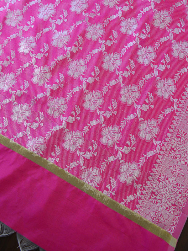 Banarasee Chanderi Salwar Kameez Fabric & Dupatta With Silver Zari-Beige & Pink