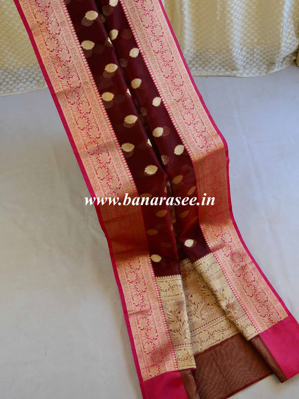 Banarasee Cotton Silk Mix Saree With Zari Buta & Floral Border-Maroon