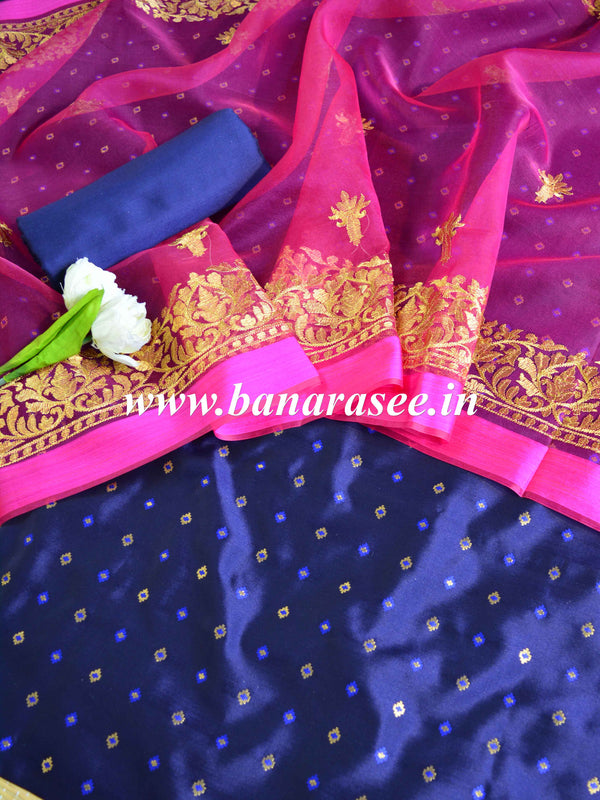 Banarasee Brocade Salwar Kameez Fabric With Organza Dupatta-Blue & Pink