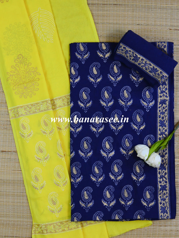 Handloom Mul Cotton Handblock Printed Suit Set-Blue & Yellow
