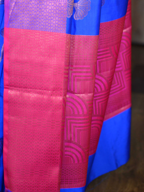 Banarasee Art Silk Saree With Buta Design & Contrast Broad Border-Blue
