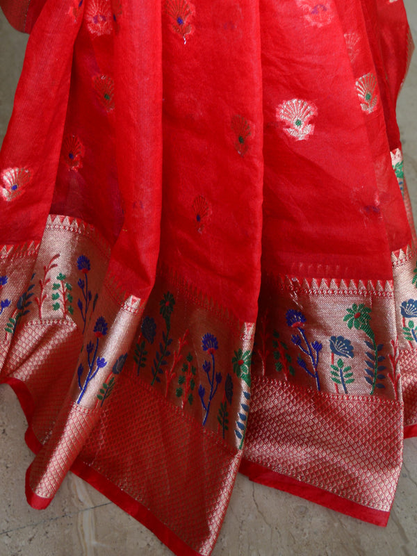 Banarasee Organza Mix Saree With Zari Buti Design & Border-Red