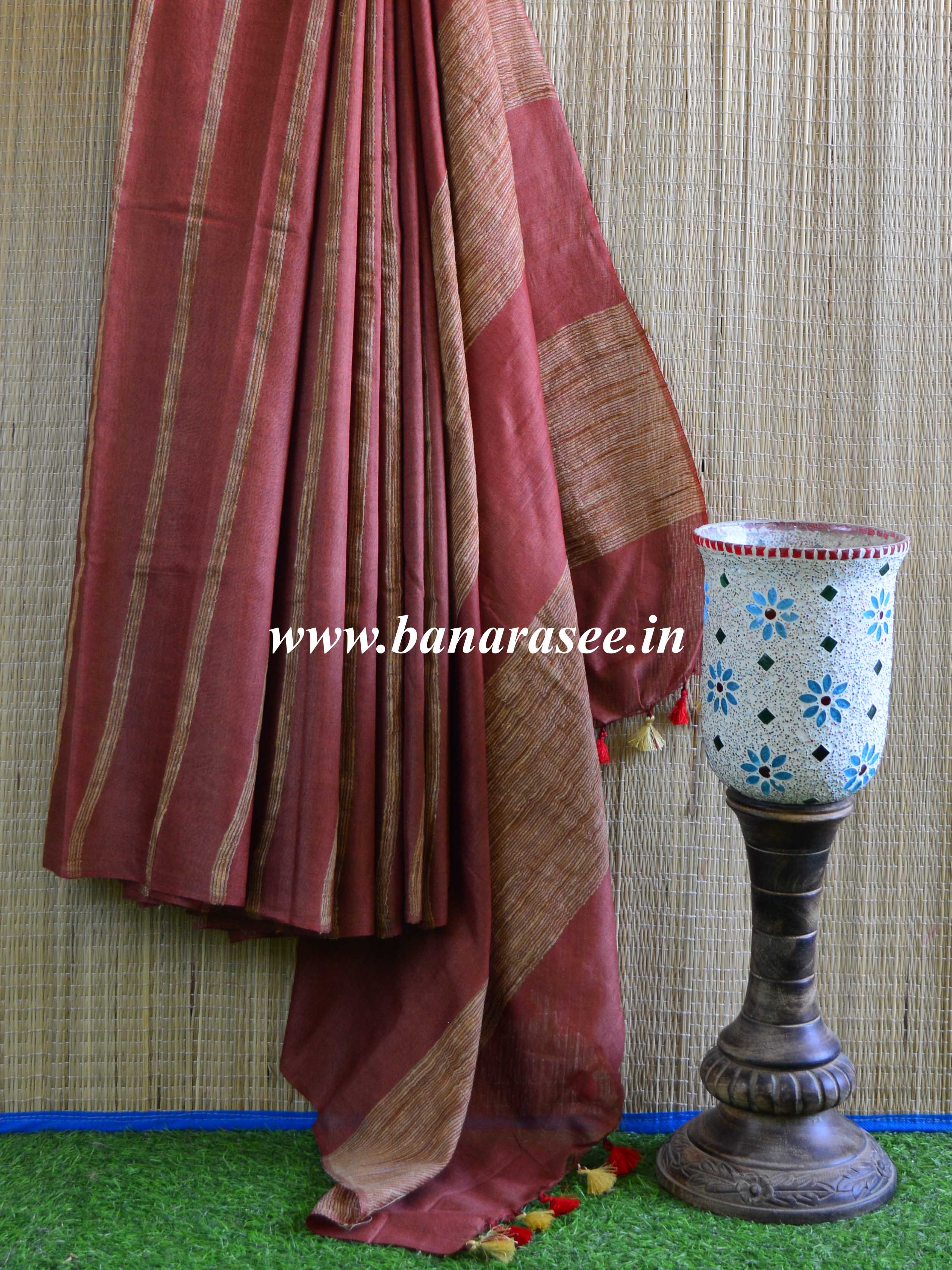 Bhagalpur Cotton Silk Jaal Ghichha Work Saree-Brown