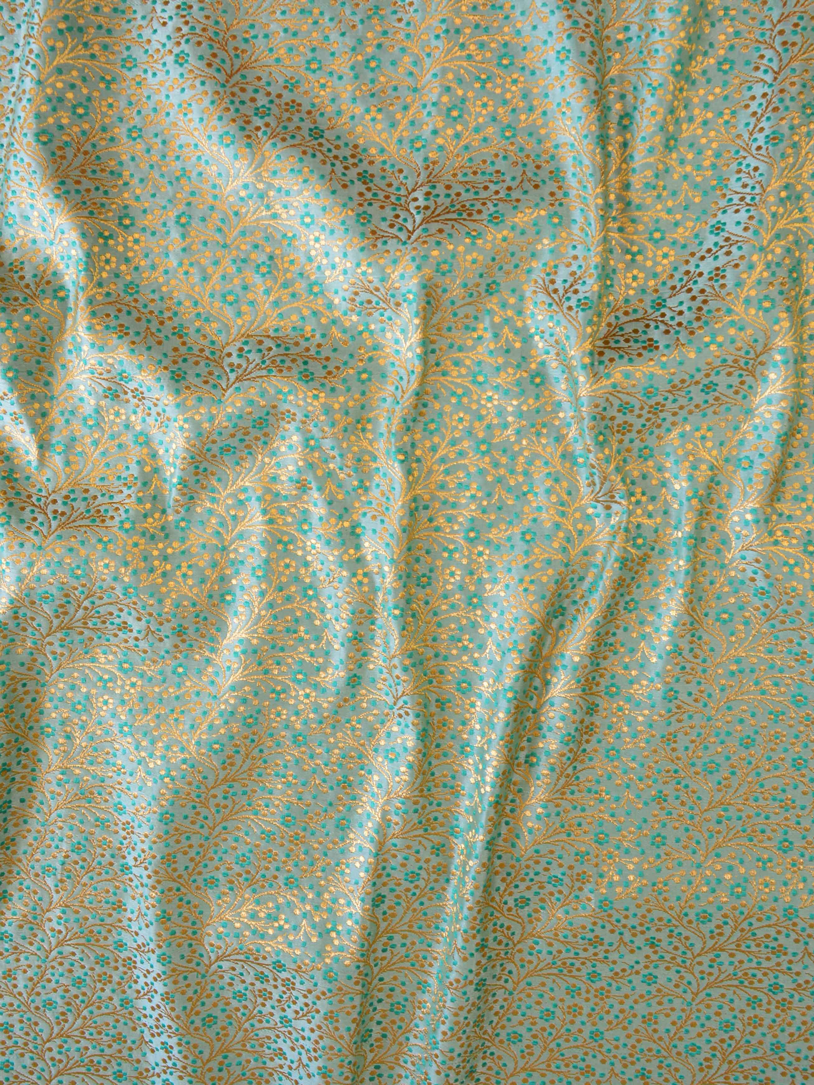 Banarasee Handloom Pure Linen Saree With Mirror Work & Brocade Blouse-Sea Green