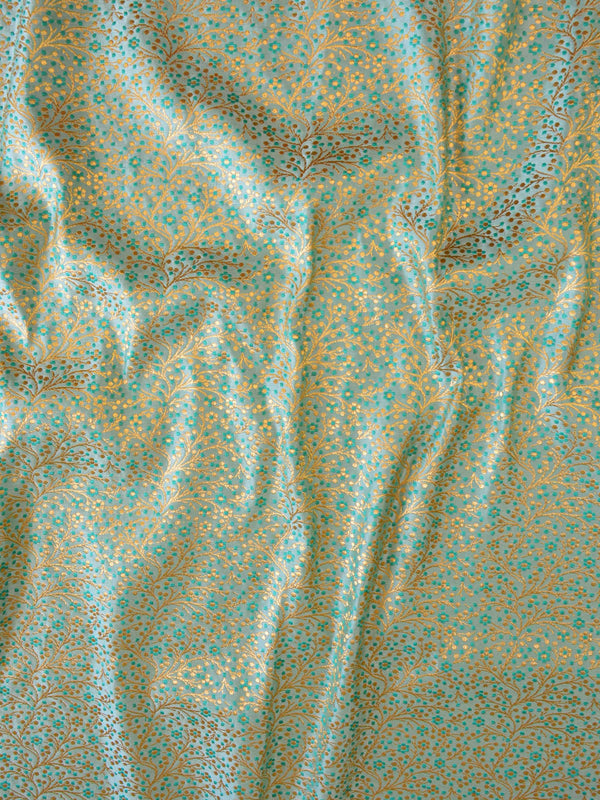 Banarasee Handloom Pure Linen Saree With Mirror Work & Brocade Blouse-Sea Green