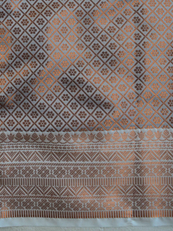 Banarasee Handwoven Semi Silk Saree With Self Weaving Copper Zari Design-Brown