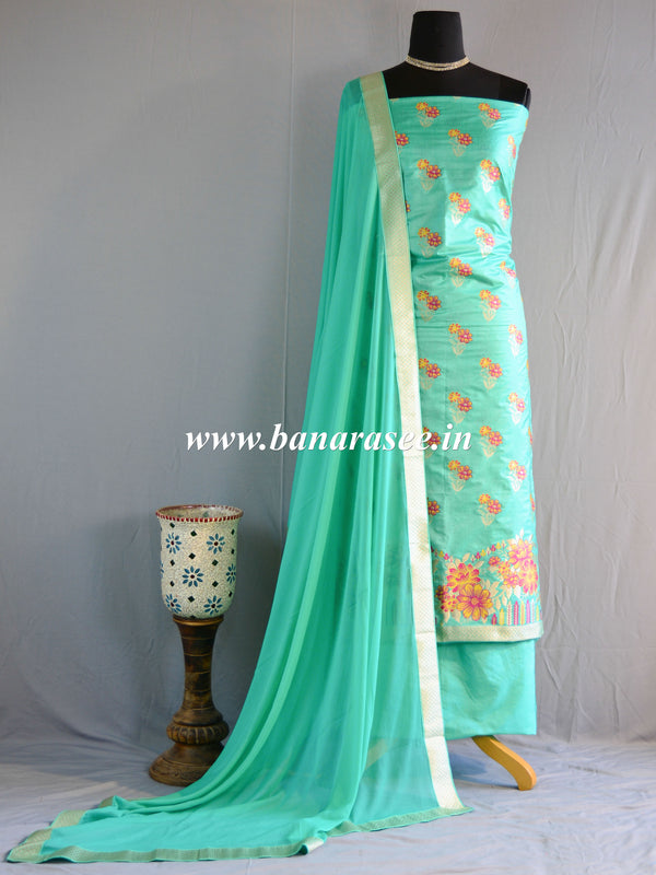 Banarasee Salwar Kameez Semi Katan Silk Fabric With Zari & Resham Design & Chiffon Dupatta-Sea Green