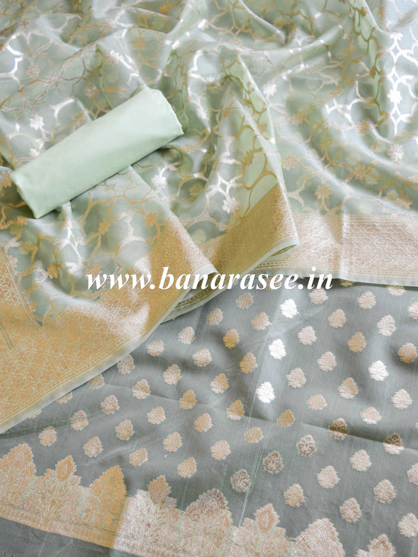 Banarasee Organza Silver Zari Salwar Kameez Fabric With Dupatta-Light Green