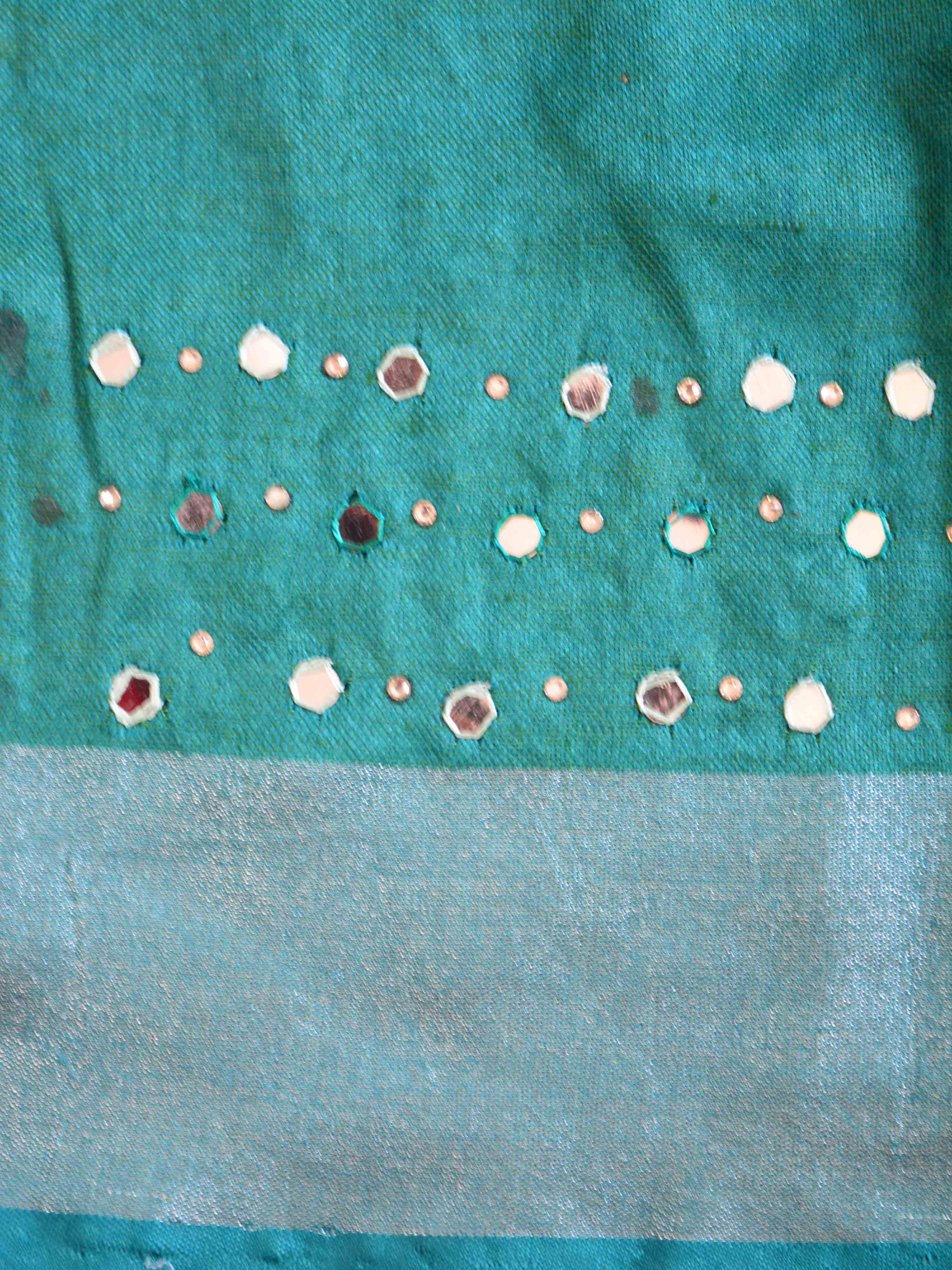 Banarasee Handloom Pure Linen Saree With Mirror Work & Brocade Blouse-Sea Green