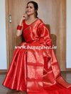 Kanjivaram Handwoven Semi Silk Saree With Jaal & Zari Border Design-Red