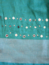 Banarasee Handloom Pure Linen Saree With Mirror Work & Brocade Blouse-Sea Green
