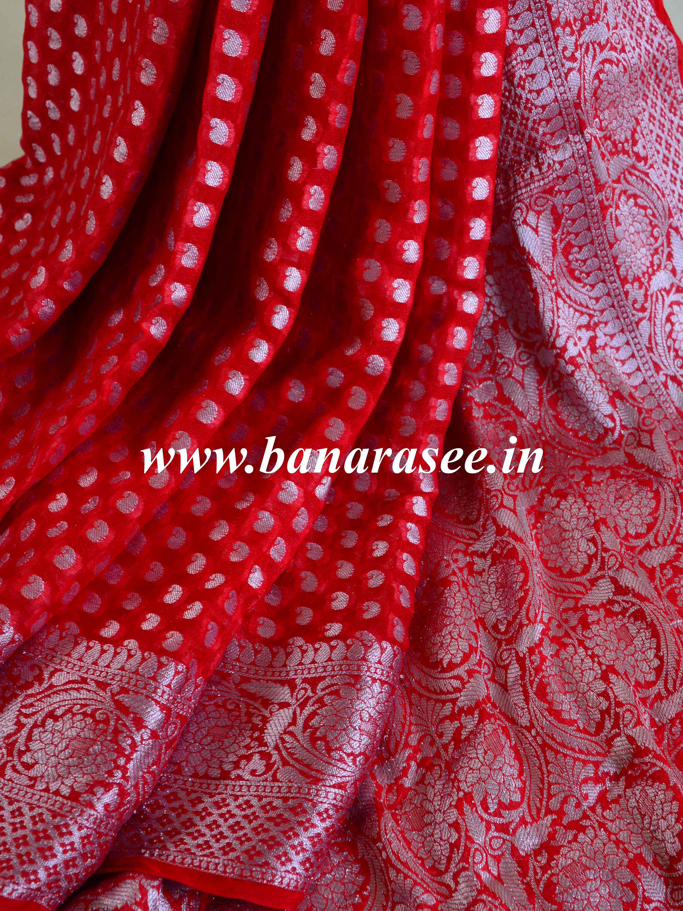 Banarasee Pure Chiffon Saree With Silver Zari Work-Red