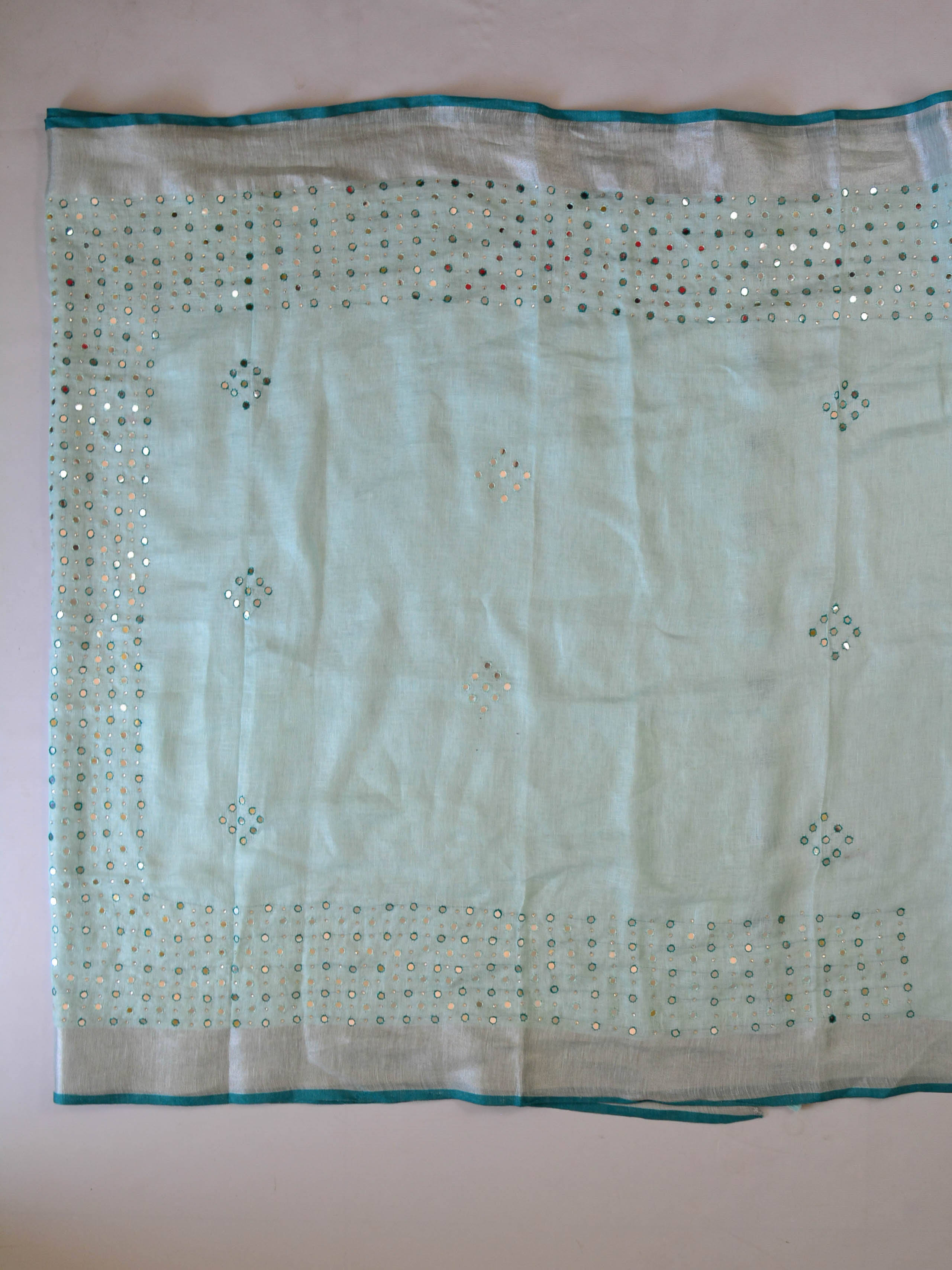 Banarasee Handloom Pure Linen Saree With Mirror Work & Brocade Blouse-Sea Green