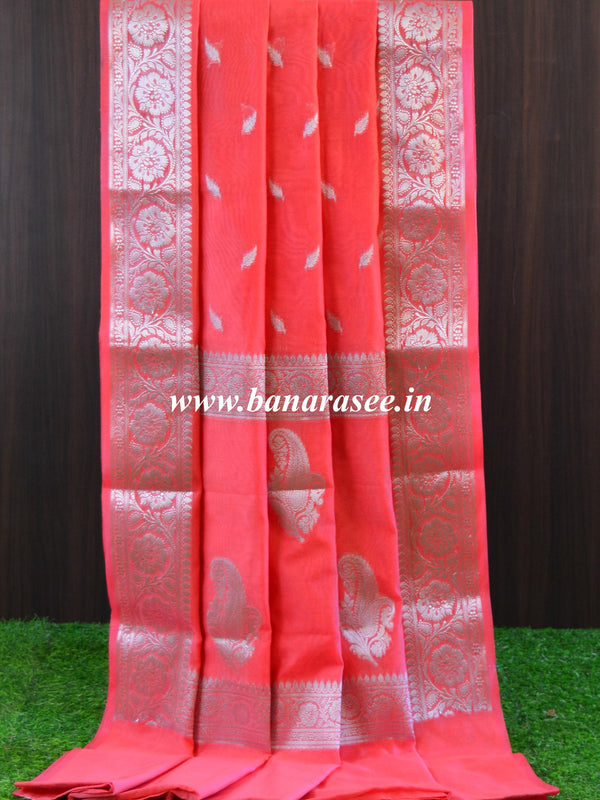 Banarasee Handwoven Semi-Chiffon Saree With Silver Zari-Peach
