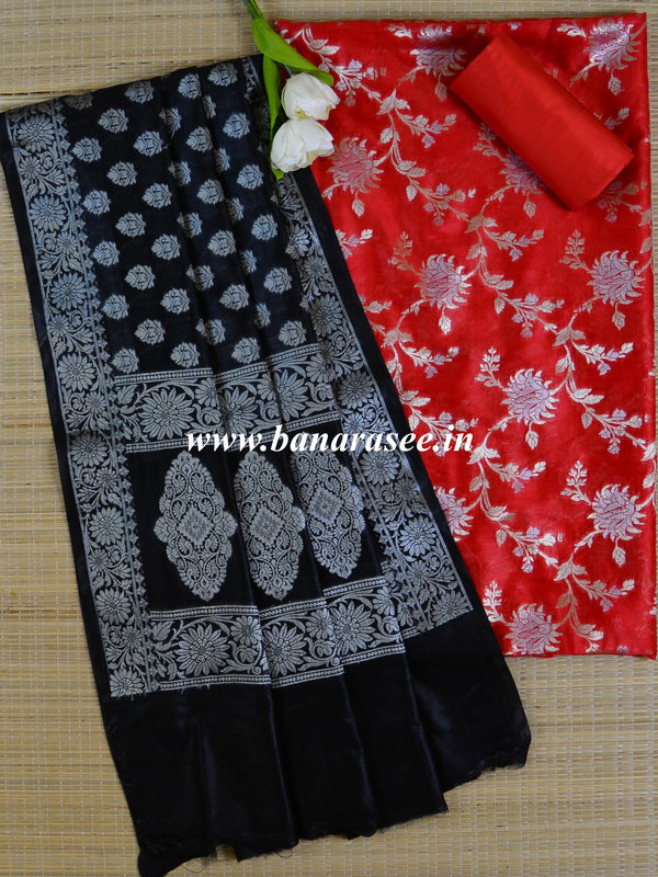 Banarasee Salwar Kameez Glossy Cotton Silk Silver Woven Buti Fabric-Red & Black