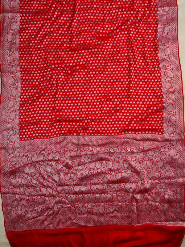 Banarasee Pure Chiffon Saree With Silver Zari Work-Red