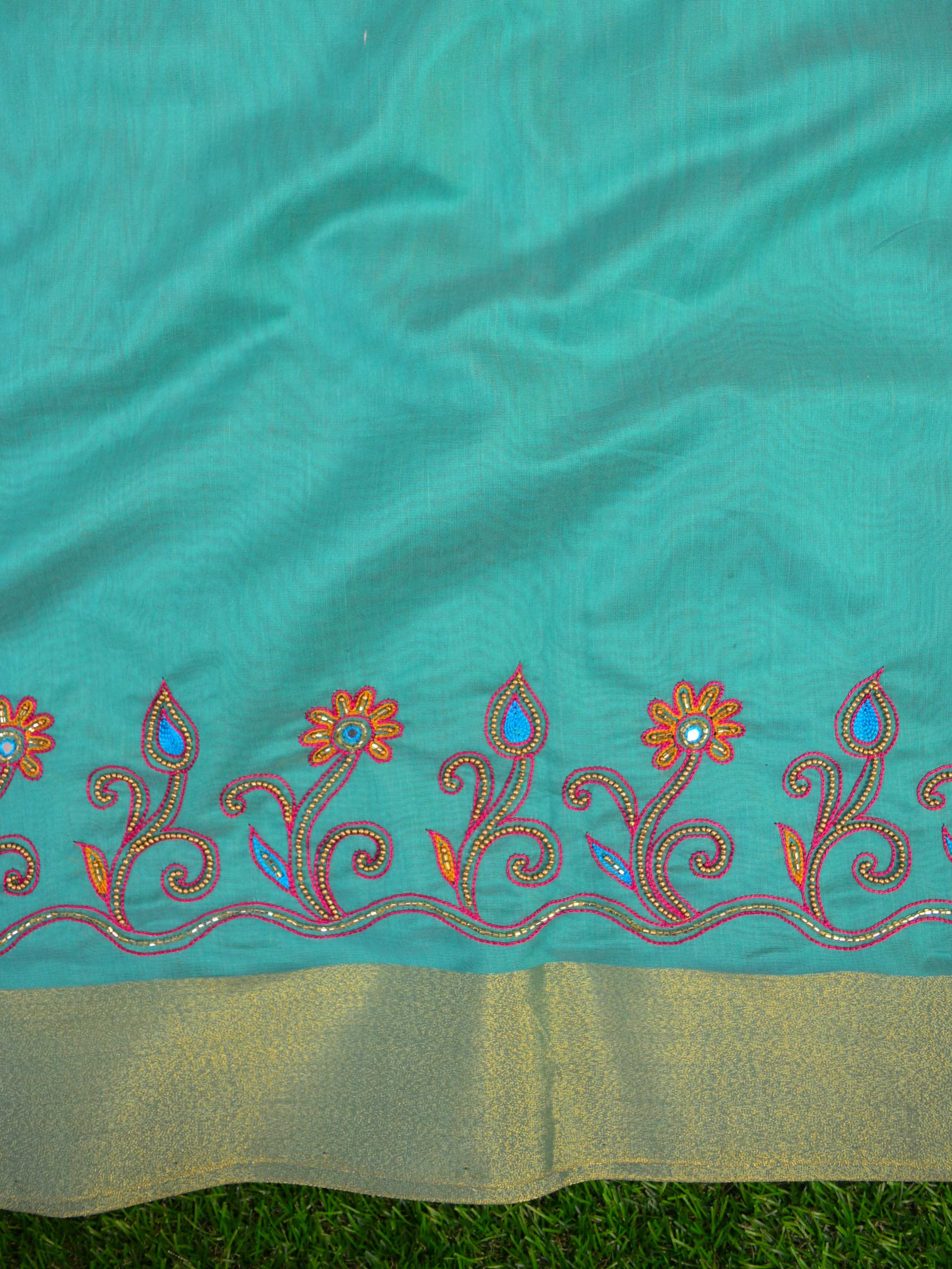 Banarasee Hand-Embroidery Chanderi Cotton Salwar Kameez Fabric With Contrast Dupatta-Green