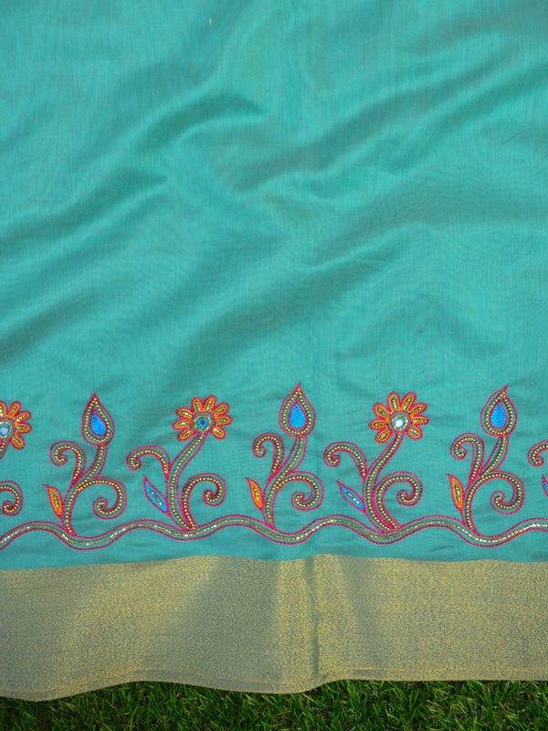 Banarasee Hand-Embroidery Chanderi Cotton Salwar Kameez Fabric With Contrast Dupatta-Green