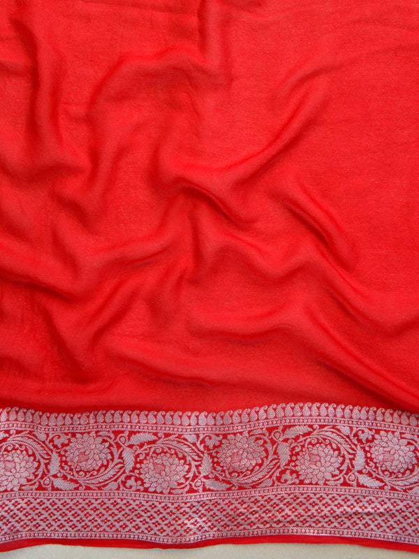 Banarasee Pure Chiffon Saree With Silver Zari Work-Red