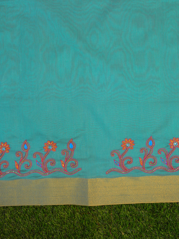Banarasee Hand-Embroidery Chanderi Cotton Salwar Kameez Fabric With Contrast Dupatta-Green