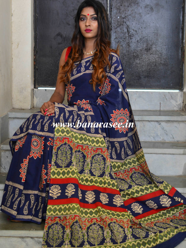 Handloom Mul Cotton Bagru Print Saree-Indigo