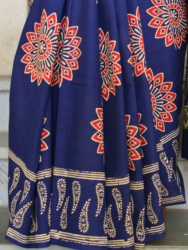 Handloom Mul Cotton Bagru Print Saree-Indigo