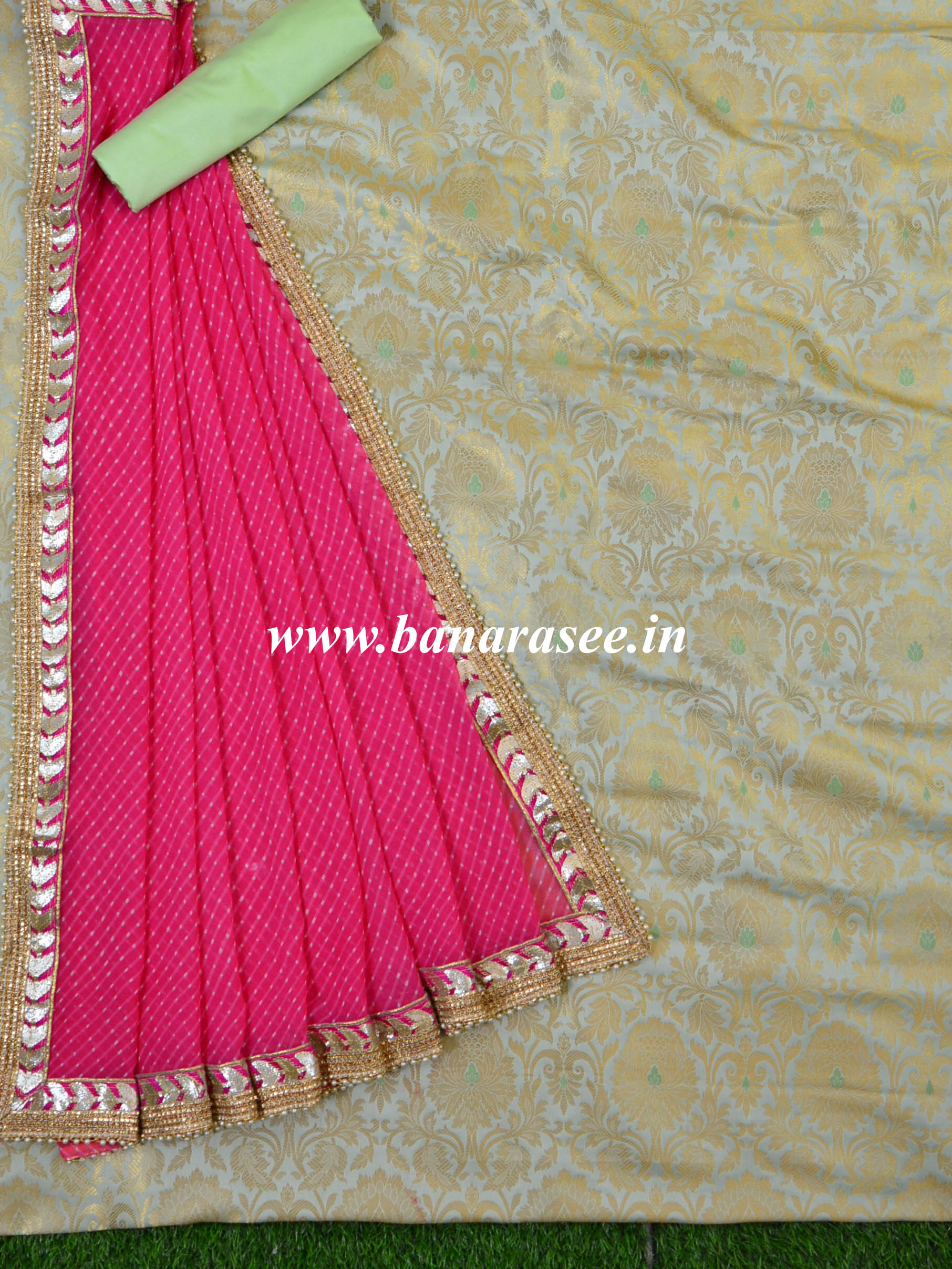 Banarasee Handwoven Satin Brocade Salwar Kameez With Gota Patti Leheriya Dupatta- Green & Pink