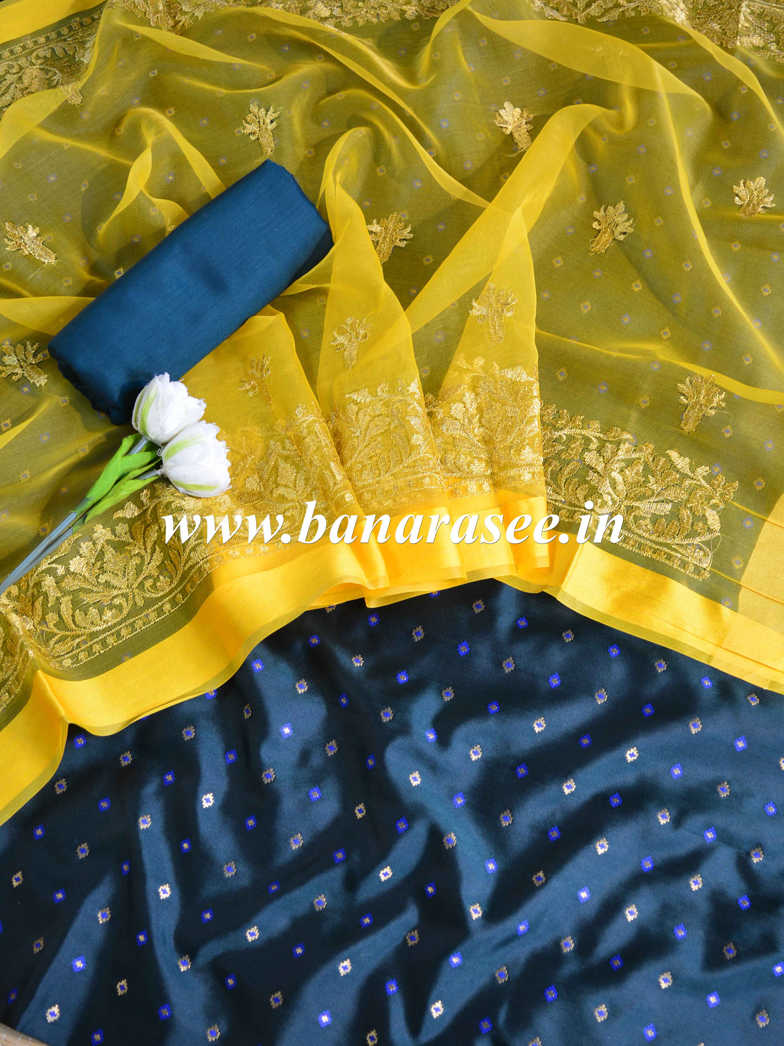 Banarasee Brocade Salwar Kameez Fabric With Organza Dupatta-Green & Yellow
