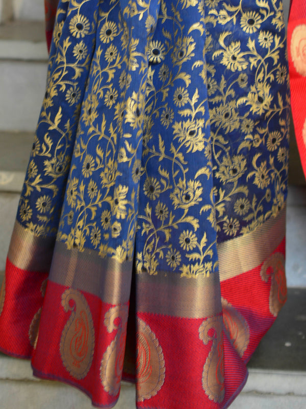 Banarasee Printed Cotton Silk Saree With Contrast Peacock Pink Resham Border-Blue
